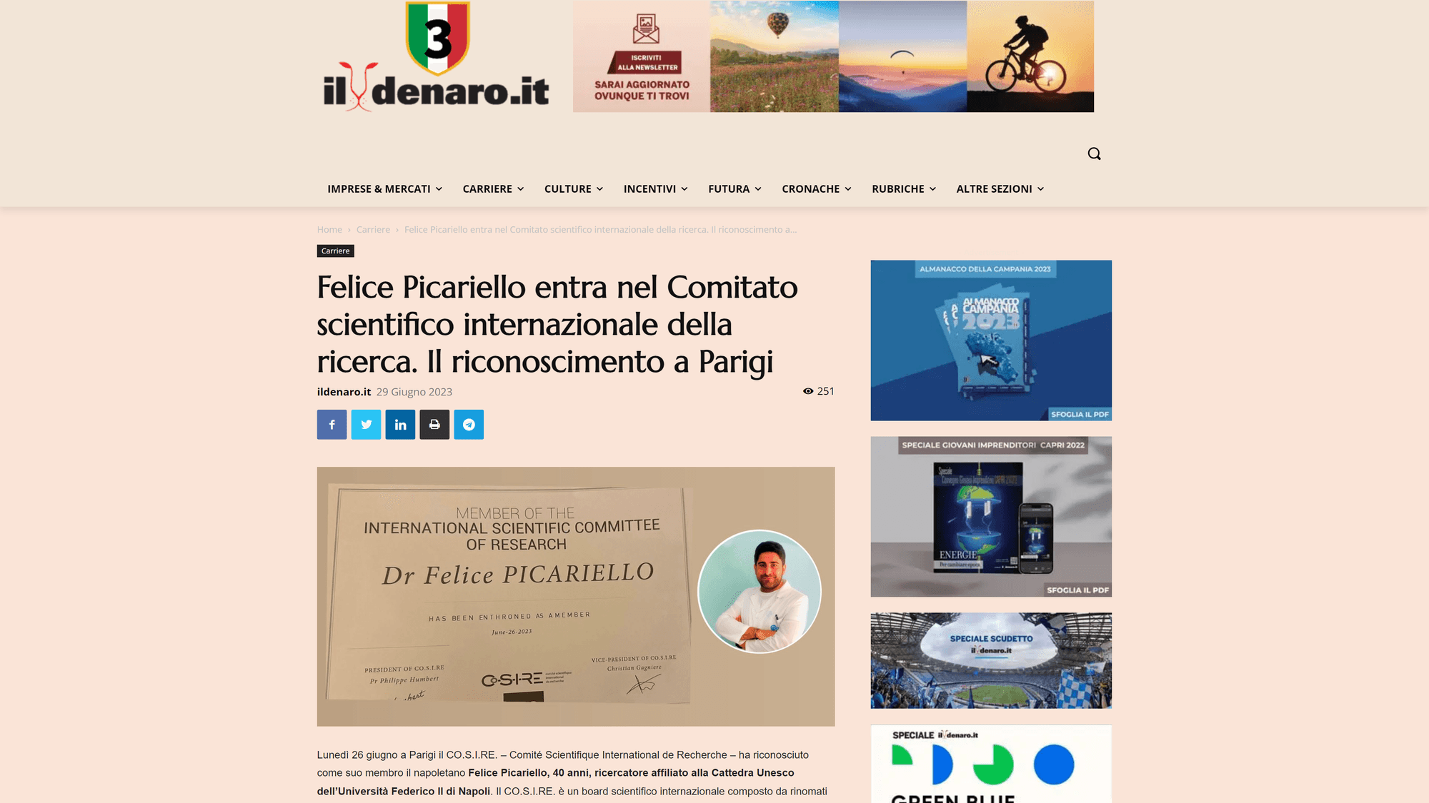 Il Denaro: Felice Picariello entra nel Comitato scientifico internazionale della ricerca. Il riconoscimento a Parigi